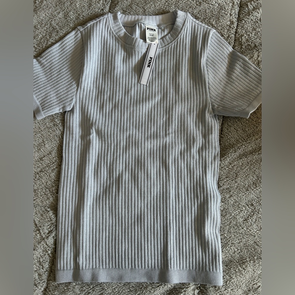 PINK Victoria's Secret Ribbed Short Sleeve Stretchy Top - Hydrangea Blue Shimmer